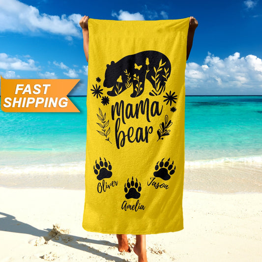 Mama Bear Custom Beach Towel with Kids Names, Mothers Day Gift for Mom Grandma T137 - Custamazegifts.com