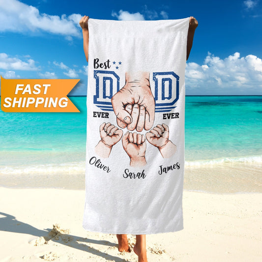 Best Dad Ever Custom Beach Towel with Kids Names, Father's Day Gift T146 - Custamazegifts.com