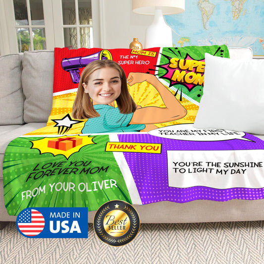 Super Mom Blanket, Mothers Day Personalized Blanket with Face - Custamazegifts.com