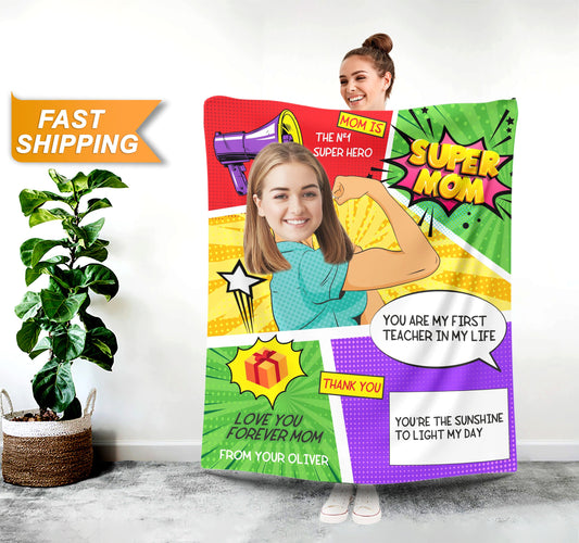 Super Mom Blanket, Mothers Day Personalized Blanket with Face - Custamazegifts.com
