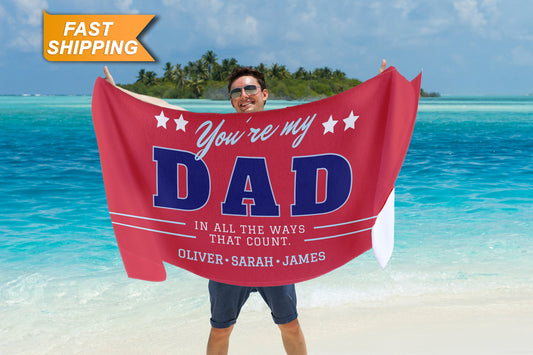 Custom Dad Beach Towel with Kids Names, Personalized Fathers Day Gifts T168 - Custamazegifts.com