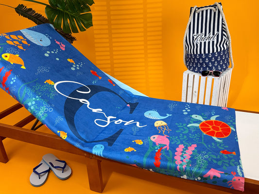 Kids Beach Towels, Personalized Pool Towel with Your Name Ocean Print - Custamazegifts.com