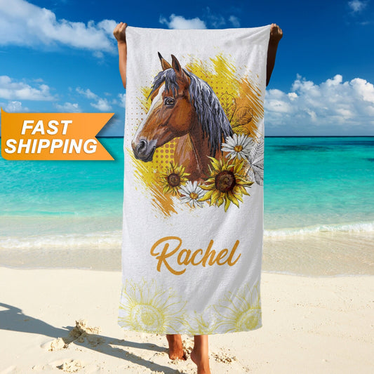 Horse Towel, Animal Beach Towel with Floral Print, Animal Lover Gifts T172 - Custamazegifts.com