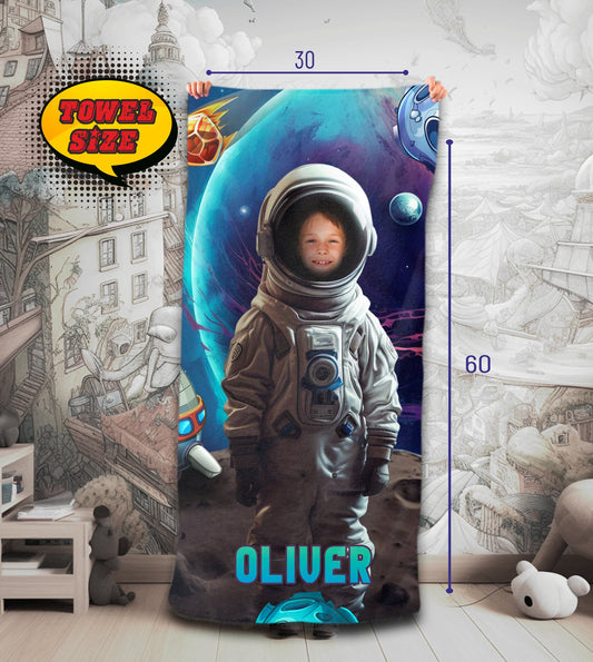 Astronaut Kids Photo Personalized Beach Towel, Boys Customized Bath Towel Gift - Custamazegifts.com