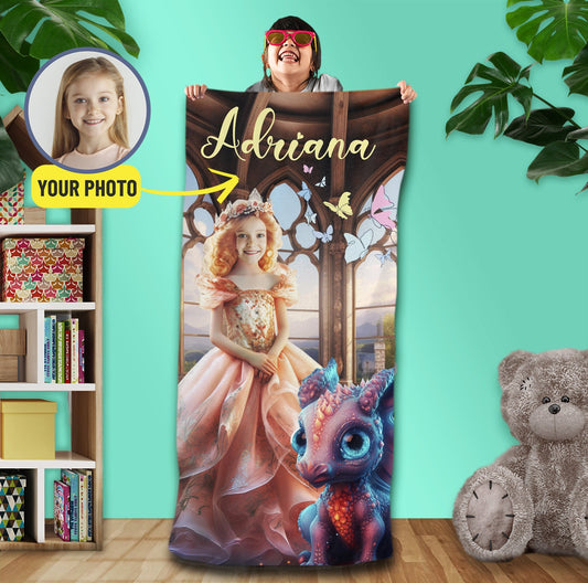 Princess and Dragon Girls Photo Towel, Kids Custom Birthday Gifts - Custamazegifts.com