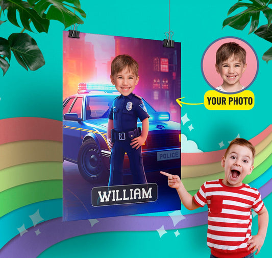 Police Photo Boy Personalized Officer Kids Portrait Poster Print - Custamazegifts.com