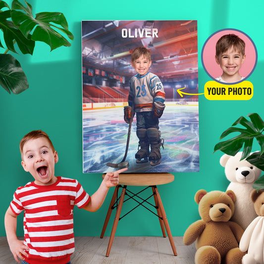 Hockey Themed Photo Canvas, Custom Hockey Player Kids Gift - Custamazegifts.com
