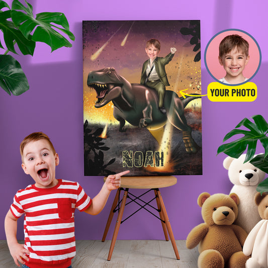 Personalized Canvas Child Riding a Dinosaur, T-Rex Photo Gift - Custamazegifts.com