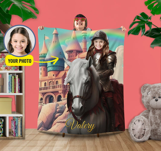 Knight on a White Horse Personalized Blanket for Girls - Custamazegifts.com