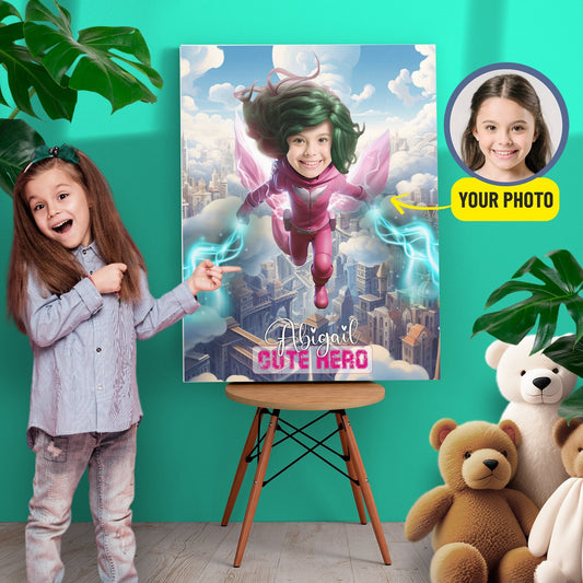 Cute Hero Girl Wall Art Canvas, Superhero Gifts for Her - Custamazegifts.com