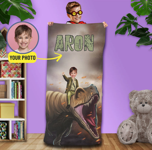 Personalized Dinosaur Photo Towel, Fun Jurassic Pool Party Gifts for Boys - Custamazegifts.com