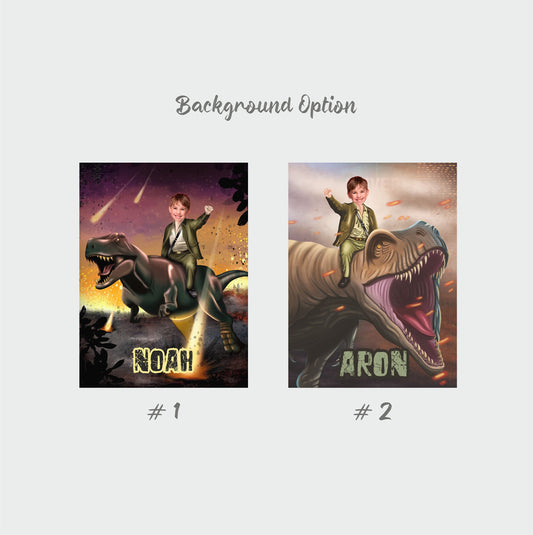 Personalized Canvas Child Riding a Dinosaur, T-Rex Photo Gift - Custamazegifts.com