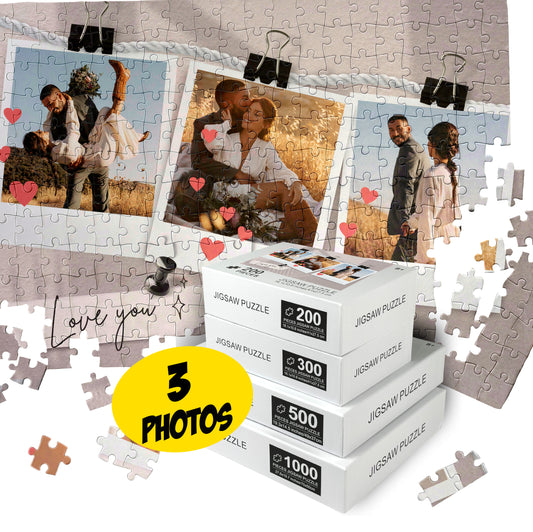 Three Photo Collage Puzzle Custom Gift for your Loved Ones 200, 300, 500, 1000 Piece