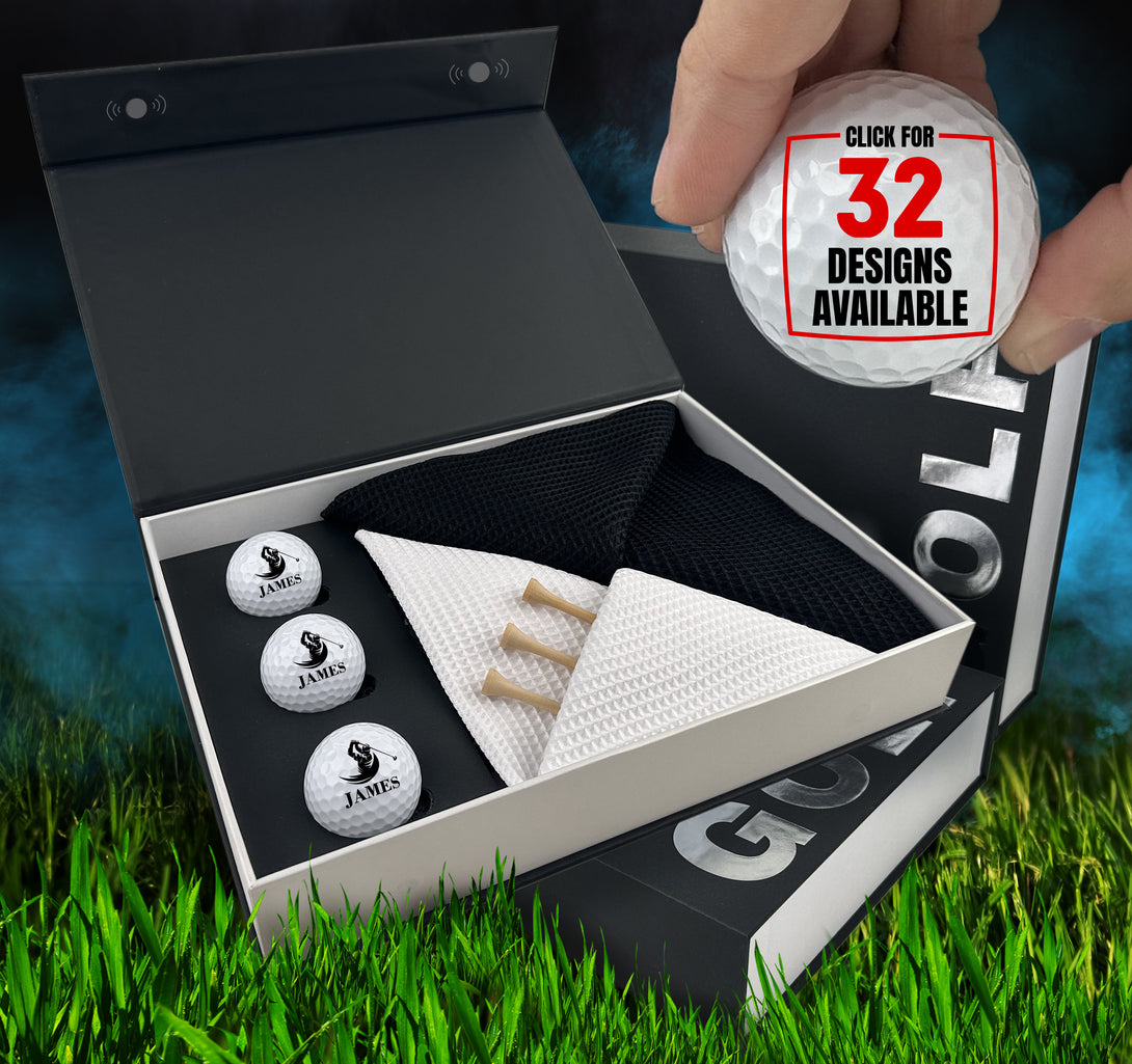 Personalized Golf Gift Box Set of 3 Custom Golf Balls Towels - Custamazegifts.com 