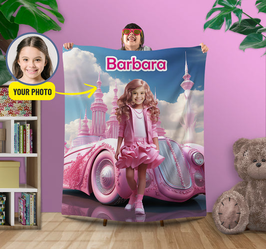 Girl in Barbie Clothes Custom Pink Photo Blanket - Custamazegifts.com 