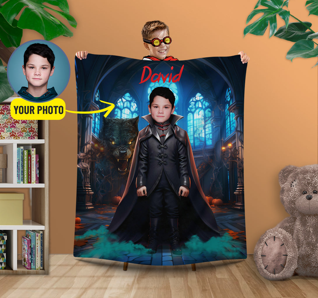 Boy Halloween Gift Personalized Photo Blanket, Custom Dracula Vampire Blanket - Custamazegifts.com 