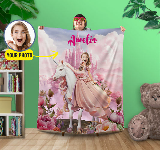 Custom Unicorn Princess Photo Blanket For Girls, Personalized Name Blanket - Custamazegifts.com 