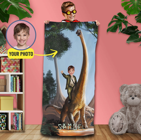 Brachiosaurus Beach Photo Towel, Kids Dino Swimming Towel - Custamazegifts.com 