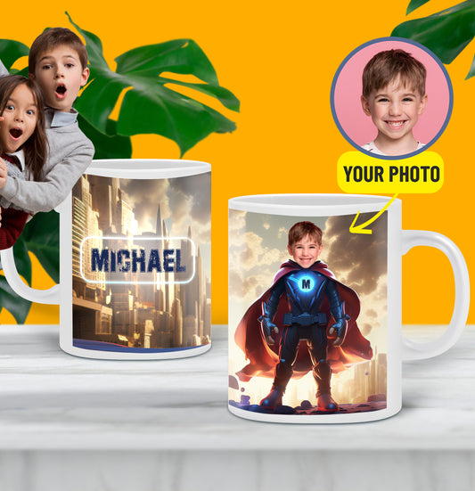 Personalized Superhero Boy Mug with Face, Kids Super Hero Boy Cup - Custamazegifts.com 