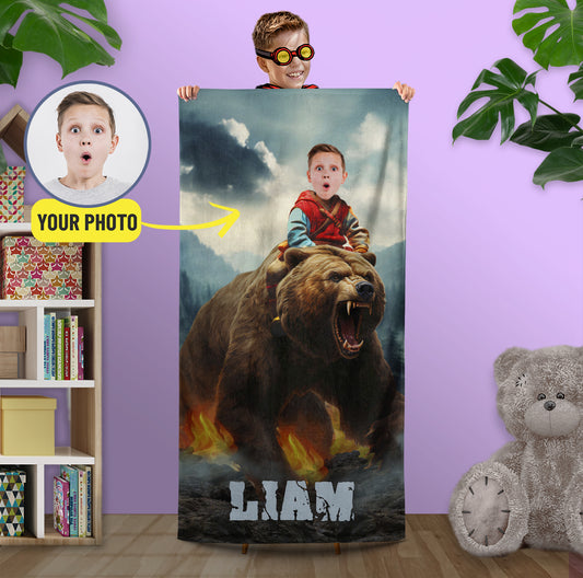 Boys Face Beach Towel, Child Riding Bear Gift for Animal Lover - Custamazegifts.com 