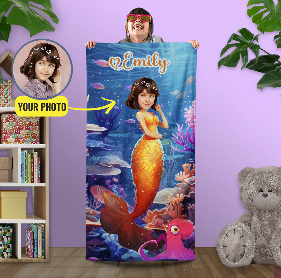 Mermaid Princess Girl Photo Face Beach Towel, Custom Kids Pool Party Gift - Custamazegifts.com 