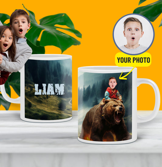 Gift for Animal Lover, Child Riding Bear Boys Custom Mug Photo - Custamazegifts.com 