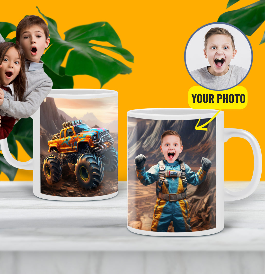 Kids Gift Mug Monster Truck with Your Photos, Boys Custom Mug Cartoon - Custamazegifts.com 