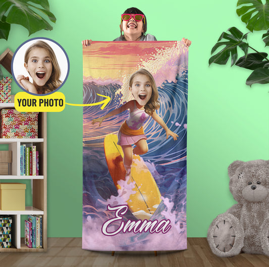 Surfer Girl Photo Face Beach Towel, Custom Beach Lover Gift - Custamazegifts.com 