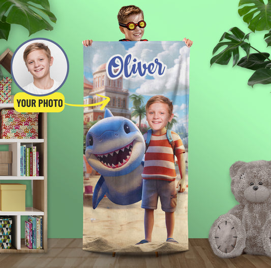 Shark and Boy Personalized Face Pool Bath Towel - Custamazegifts.com 