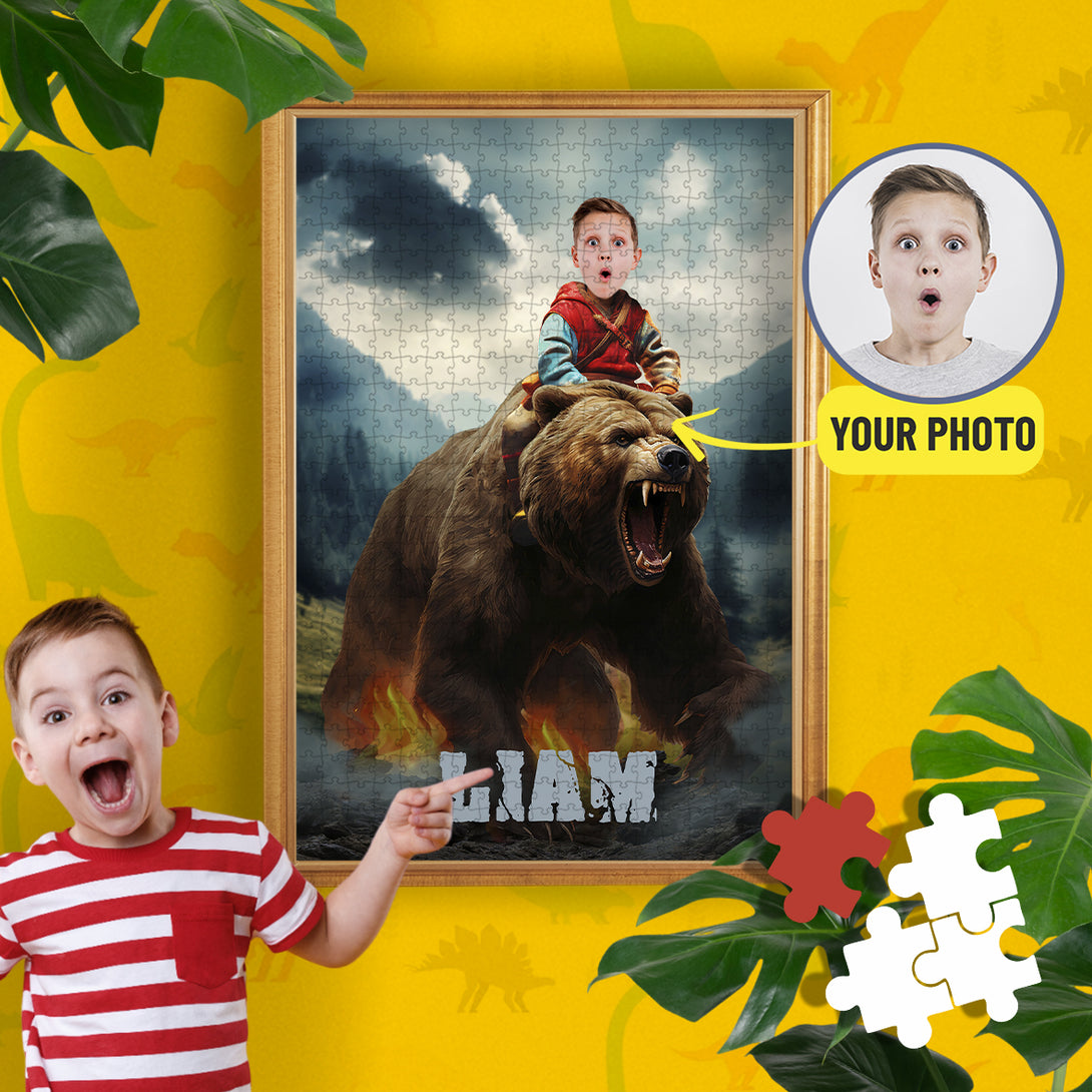 Custom Toys for Boys Kids Face Photo Puzzle, Child Riding Bear Game Puzzle - Custamazegifts.com 