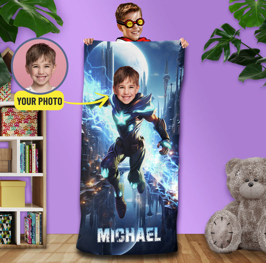 Custom Super Hero Boy Photo Towel, Superhero Kids Bath Towel - Custamazegifts.com 