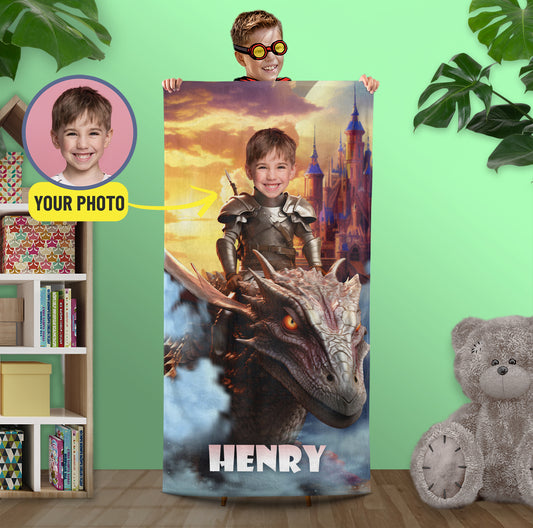 Personalized  Prince and Dragon Photo Beach Towel, Boys Customized Bath Towel Gift - Custamazegifts.com 