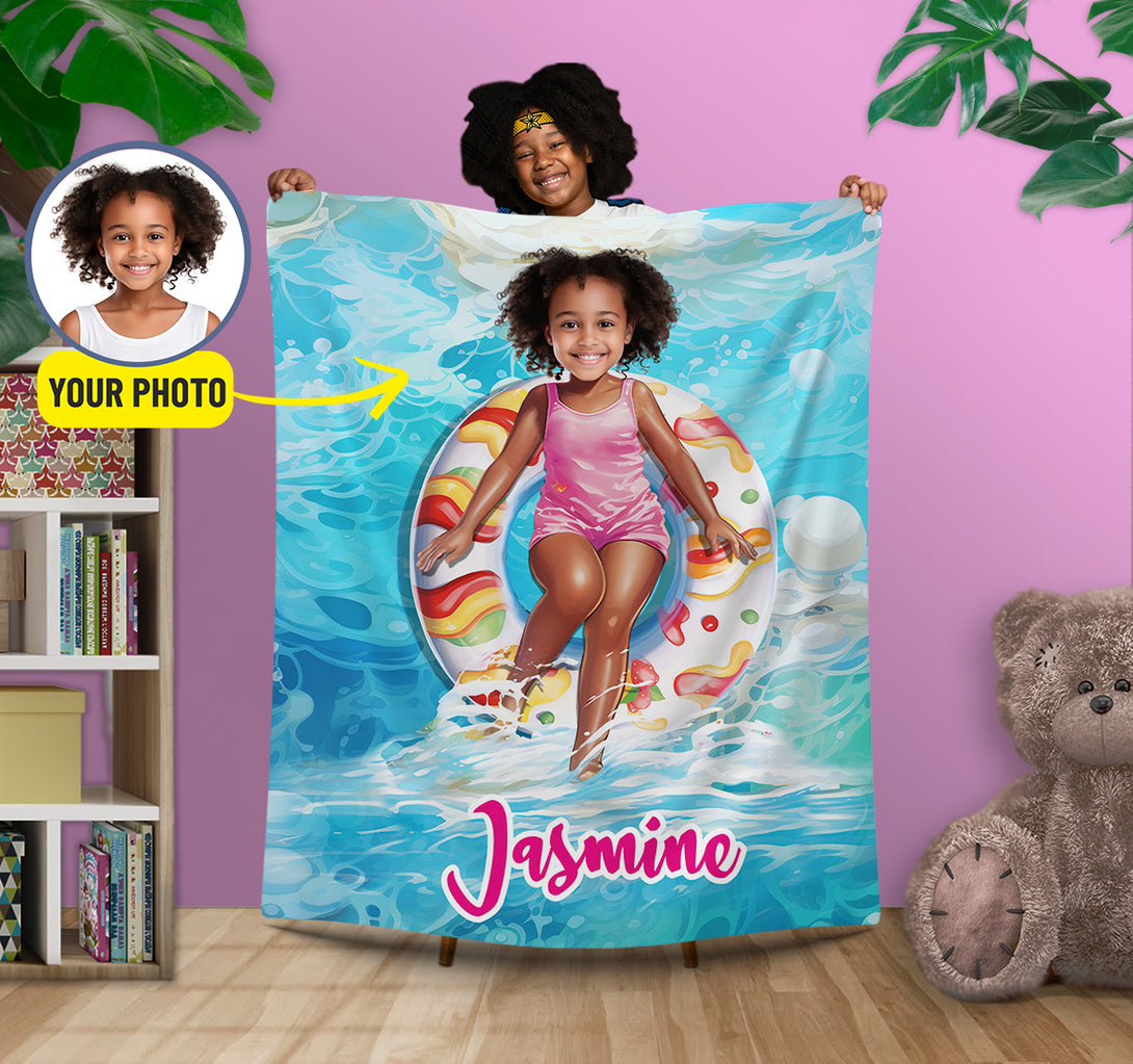 Customized Pool Float and Girl Photo Blanket, Personalized Picnic Kids Blankets - Custamazegifts.com 