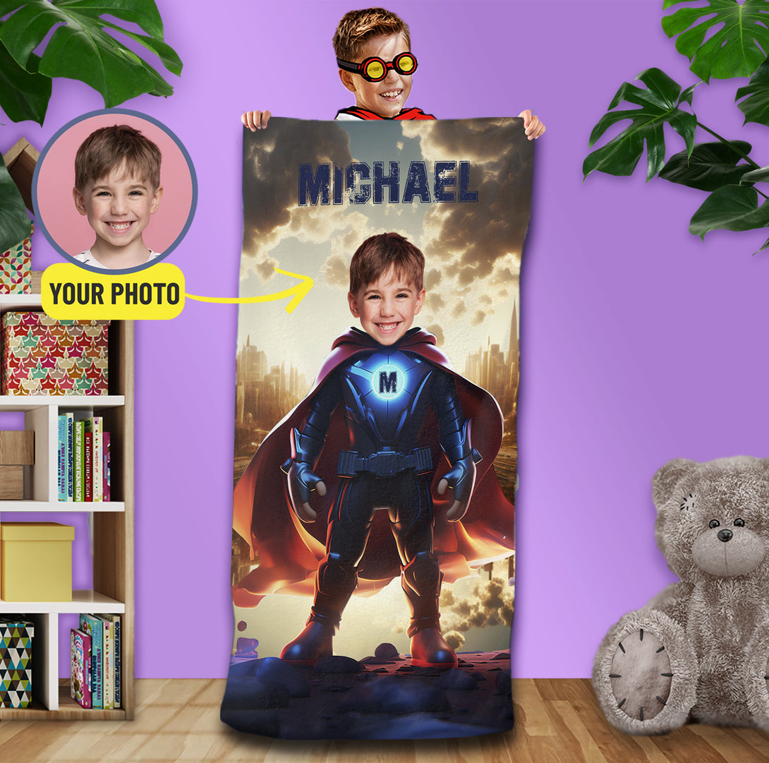 Custom Super Hero Boy Photo Towel, Superhero Kids Bath Towel - Custamazegifts.com 