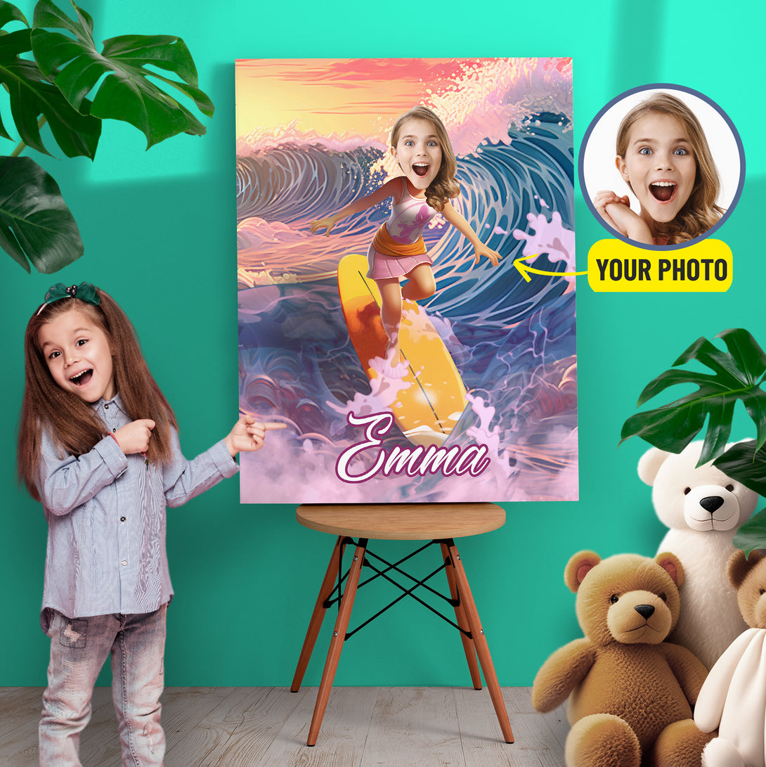 Custom Canvas Surfer Girl Gifts, Beach Lover Photoshop Portrait - Custamazegifts.com 