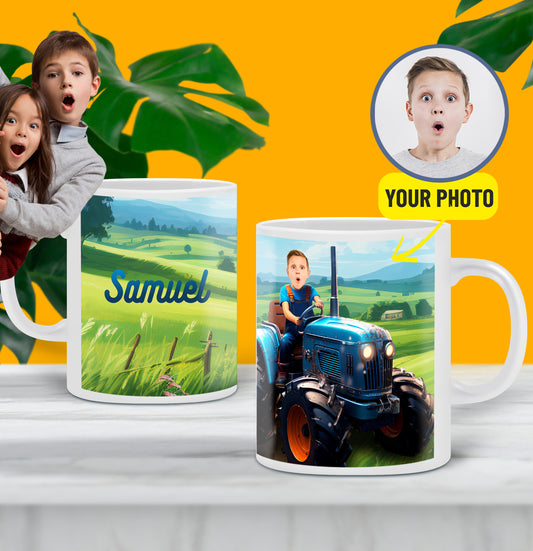 Mug With Photo Boy Tractor Driver, Farm lover Custom Gift Kids Mug - Custamazegifts.com 