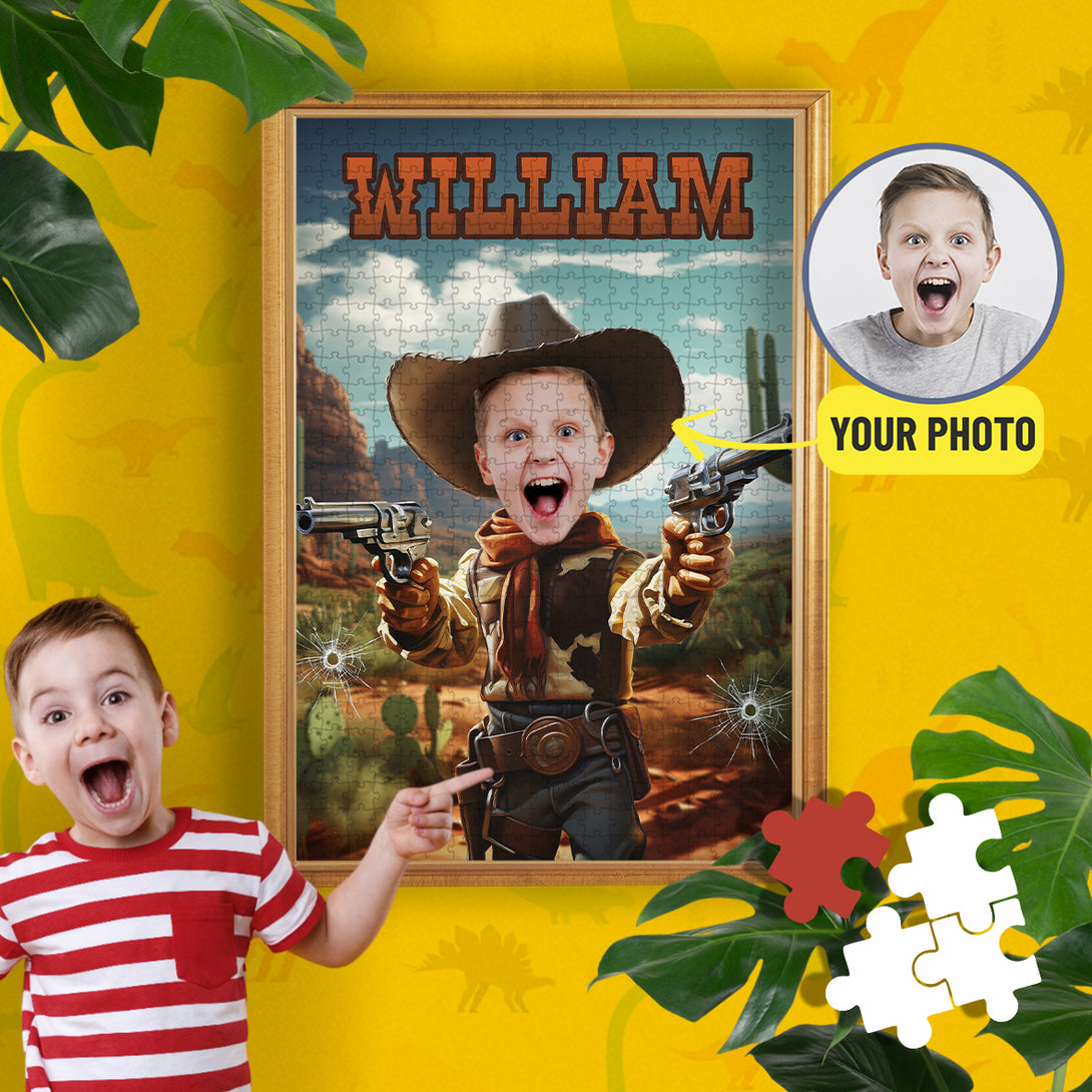 Custom Puzzle Western Boys Photo Name Gifts, Cowboy Photo Gift - Custamazegifts.com 