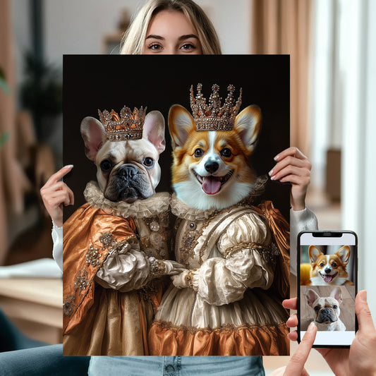 2 Pets Queen Royal Pet Portrait from Photo, Custom Pet Portrait Poster or Canvas C26