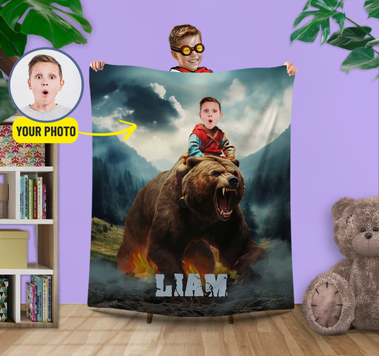 Boys Photo Blanket, Kids Custom face Bear and Boy Gift for Animal Lover - Custamazegifts.com 