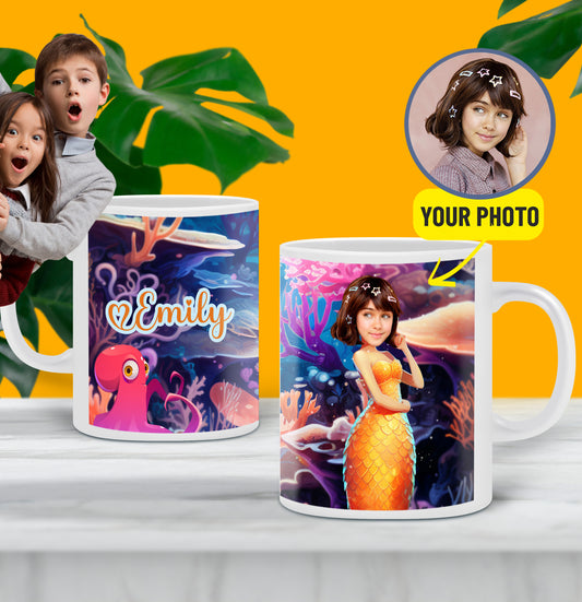 Little Mermaid Girl Personalized Mug, Custom Kids Princess Photo Gift - Custamazegifts.com 