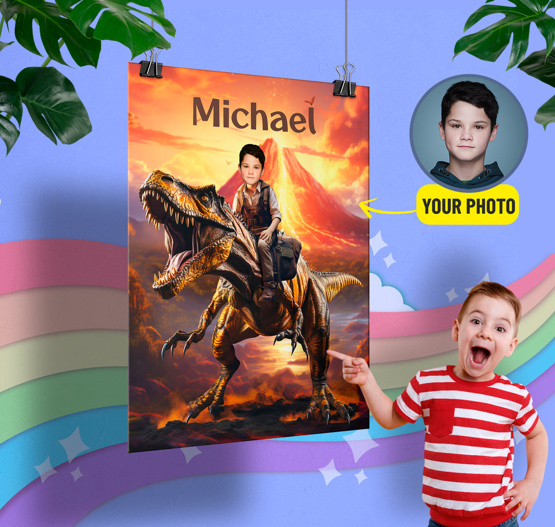 Custom Photo Poster Child Riding Dinosaur, T-Rex Jurassic Dinosaur Art - Custamazegifts.com 