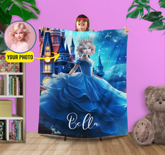 Cinderella Princess Photo Blanket for Girls, Personalized Name Cinderella Gift - Custamazegifts.com 