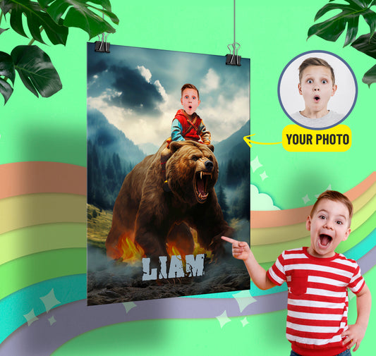 Custom Photo Poster Child Riding Bear, Gift for Animal Lover - Custamazegifts.com 