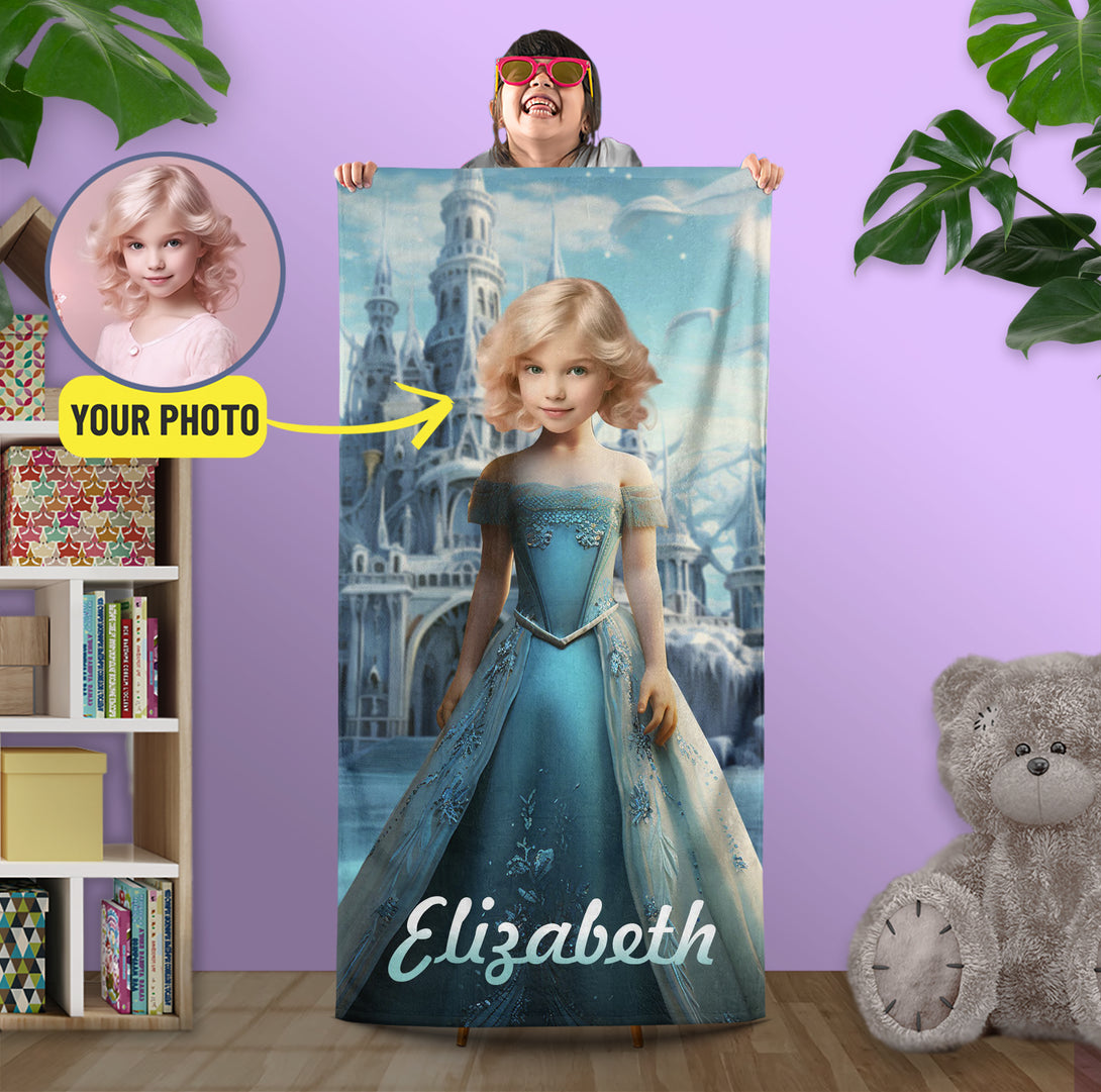 Personalized Kids Photo Towel Frozen, Princess Elsa Name Gift - Custamazegifts.com 