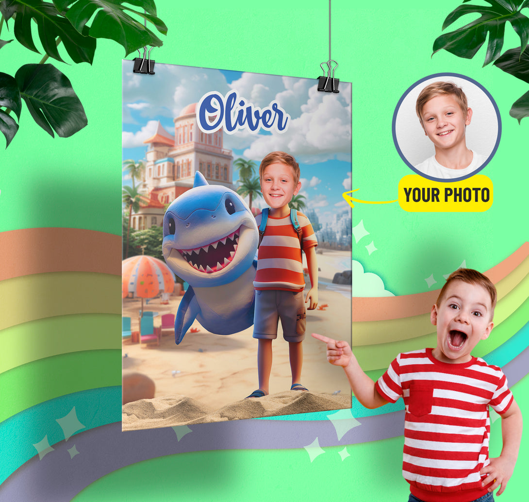 Personalized Shark and Boy Print Poster, Ocean Theme Gift for Kid Boys - Custamazegifts.com 