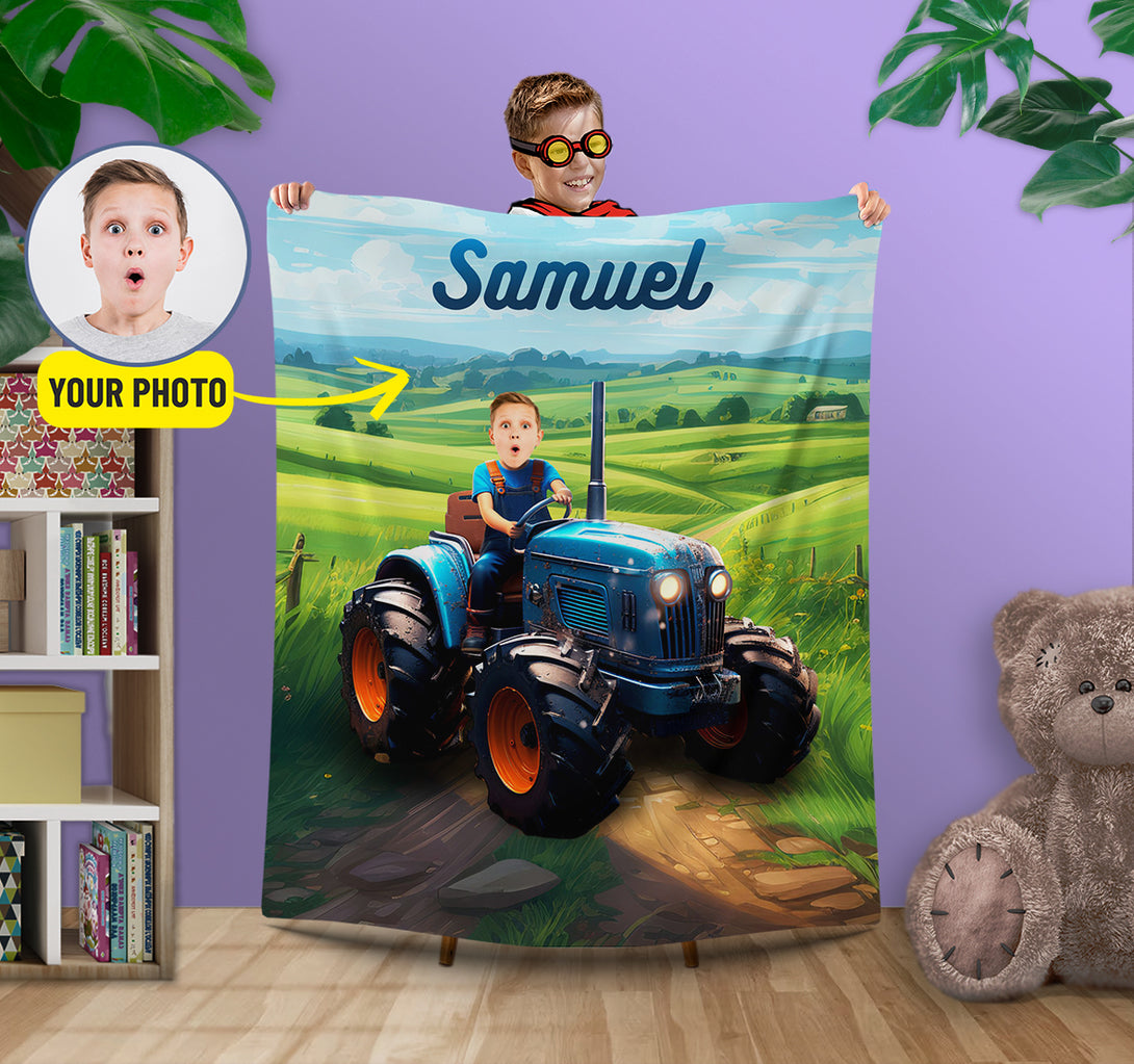 Custom Little Farmer Kids Name Blanket, Boy on Tractor Gift - Custamazegifts.com 