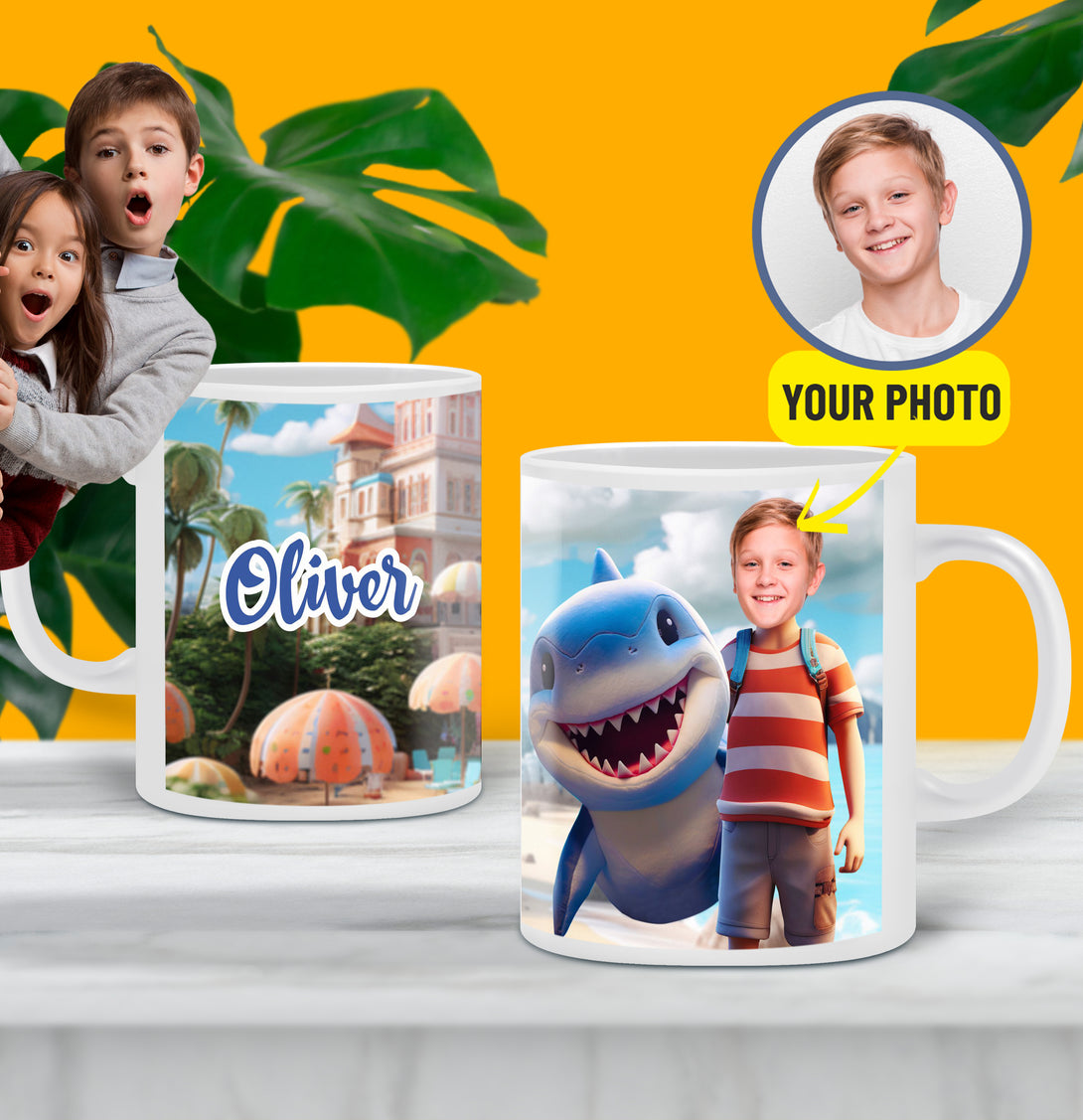 Shark and Boy Face Custom Tea Mug, Personalize Boys Photo Mug - Custamazegifts.com 