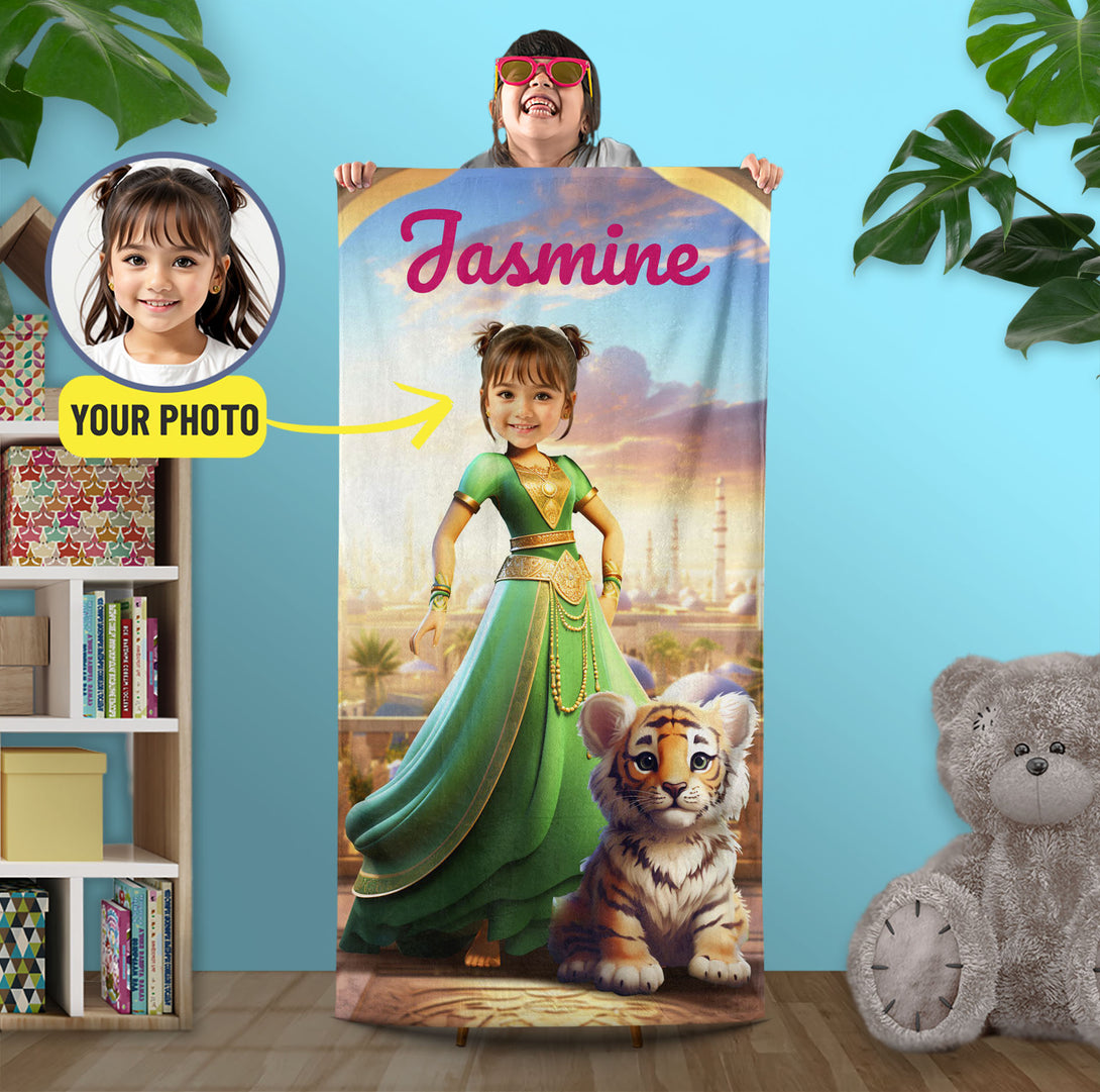 Personalized Princess Jasmine Girl Beach Towel, Aladdin Gift for Her - Custamazegifts.com 