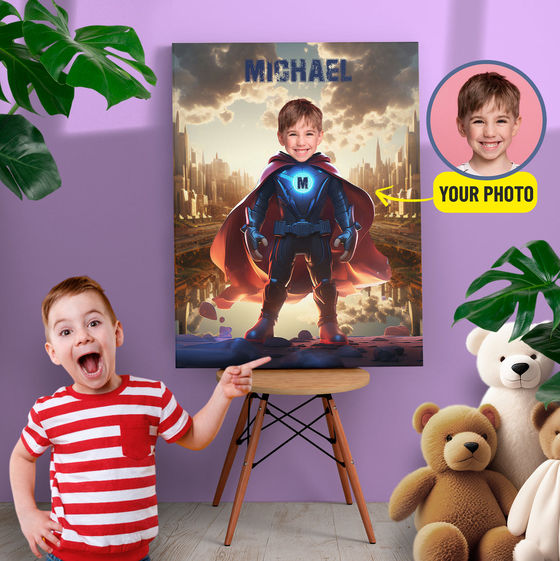 Custom Superhero Boy Photo Canvas, Personalized Canvas Super Hero - Custamazegifts.com 