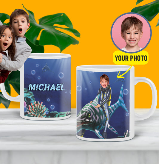 Ocean Print Mug with Your Face, Water Dinosaur Mug 11 Oz - Custamazegifts.com 